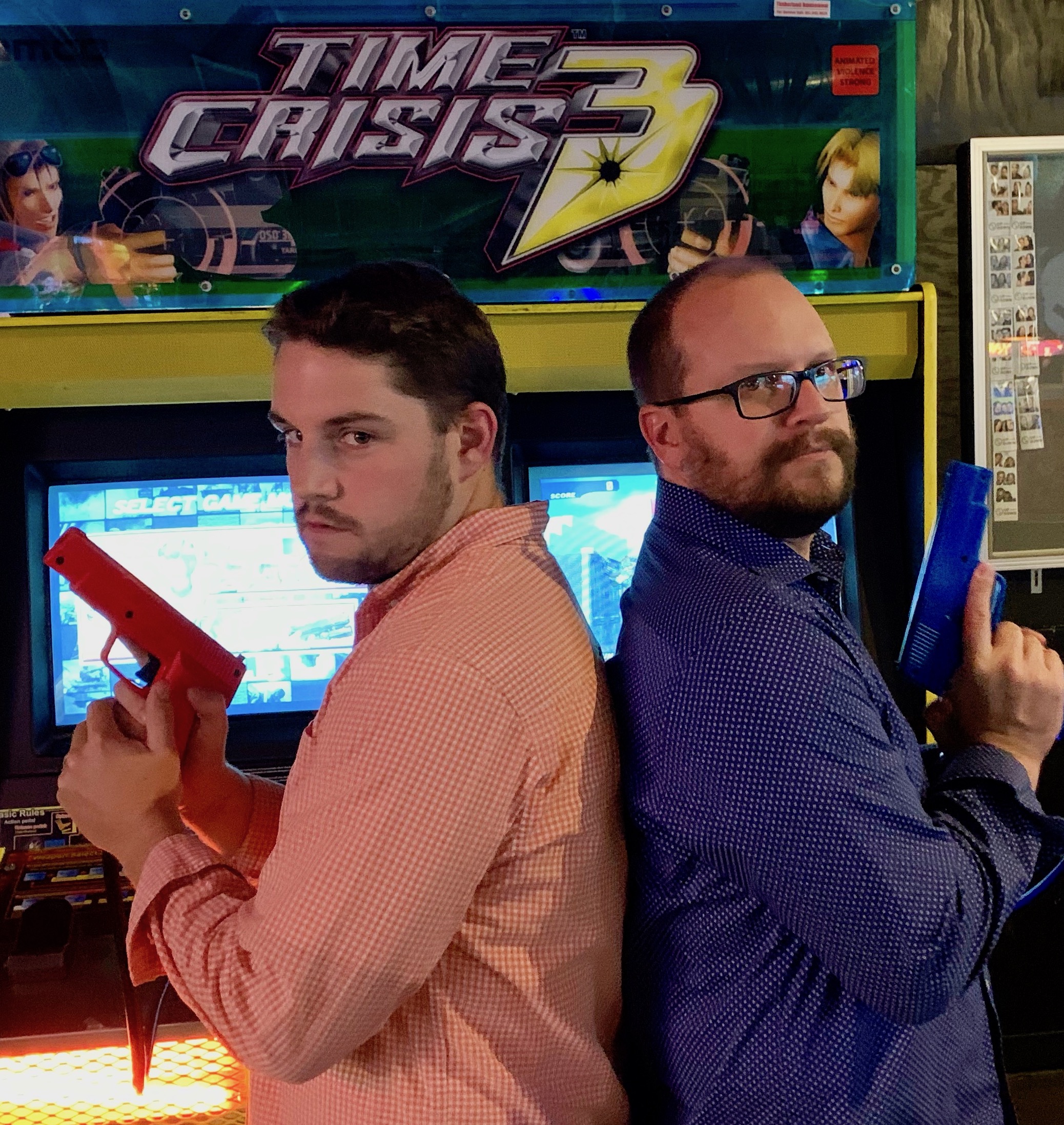 Handsome echogear employees play Time Crisis 3 at Up-Down Minneapolis